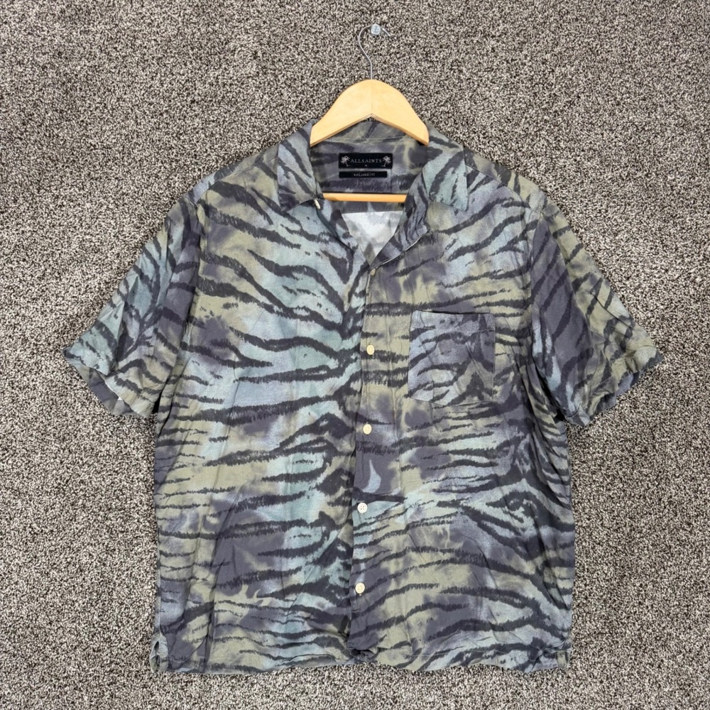 AllSaints Kisli Camp Shirt Mens M Relaxed Fit Tiger Striped Tie Dye Loop Collar